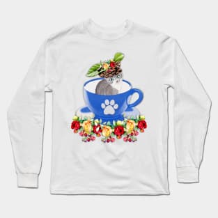 Cute Floral Coffee Cup Kitty Long Sleeve T-Shirt